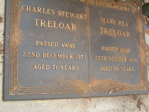 Charles Stewart TRELOAR,  | died 22 Dec 1972 aged 71 years;  | Mary Rea TRELOAR,  | died 25 Oct 1968 aged 56 years;  | Lawnton cemetery, Pine Rivers Shire  | 
