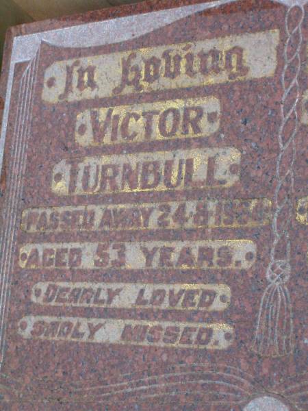 Victor TURNBULL,  | died 24-8-1964? aged 53 years;  | Janine Charmaine MERRITT,  | died 1-3-1970? aged 7 days;  | Lawnton cemetery, Pine Rivers Shire  | 