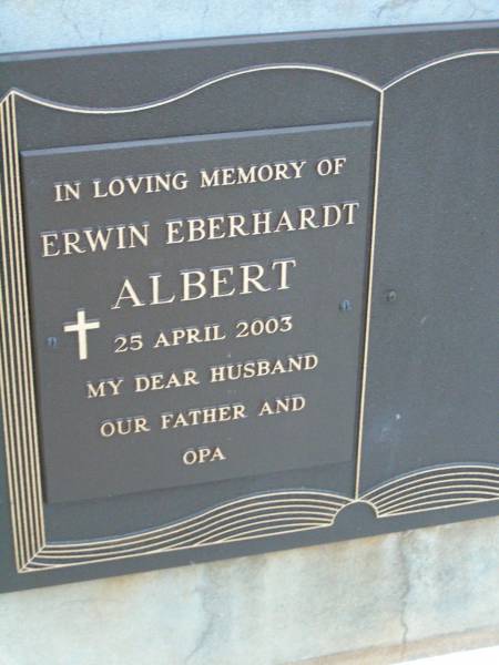 Karlheinz ALBERT,  | son brother,  | died 23 Sept 1966 aged 17 years;  | Erwin Eberhardt ALBERT,  | died 25 April 2003,  | husband father opa;  | Lawnton cemetery, Pine Rivers Shire  | 