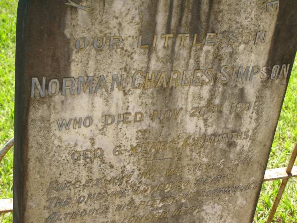 Norman Charles SIMPSON,  | son,  | died 20 Nov 1898 aged 6 years 9 months;  | Lawnton cemetery, Pine Rivers Shire  | 