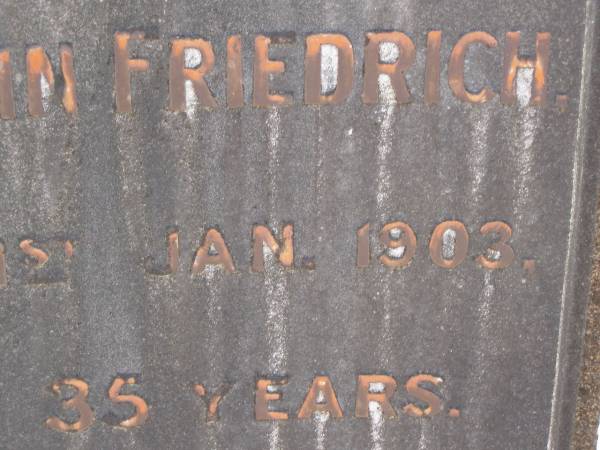 Christian Friedrich KRIESCH,  | father,  | died 15 Jan 1899 aged 59 years;  | Christine Justine,  | wife,  | died 20 Aug 1925 aged 83 years;  | Christain Friedrich,  | son,  | died 31 Jan 1903 aged 35 years;  | Lawnton cemetery, Pine Rivers Shire  | 