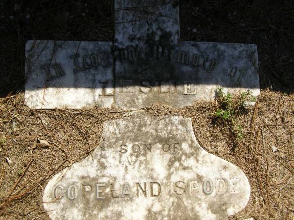 Leslie,  | son of Copeland SPODE,  | died 7 Jan 1901 aged 29 years;  | Lawnton cemetery, Pine Rivers Shire  | 