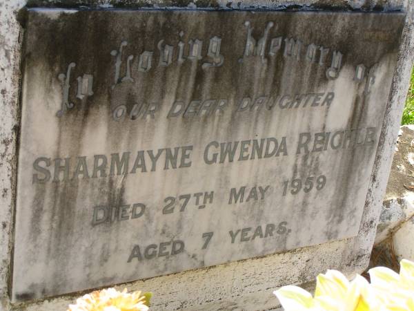 Sharmaye Gwenda REICHLE,  | daughter,  | died 27 May 1959 aged 7 years;  | Lawnton cemetery, Pine Rivers Shire  | 