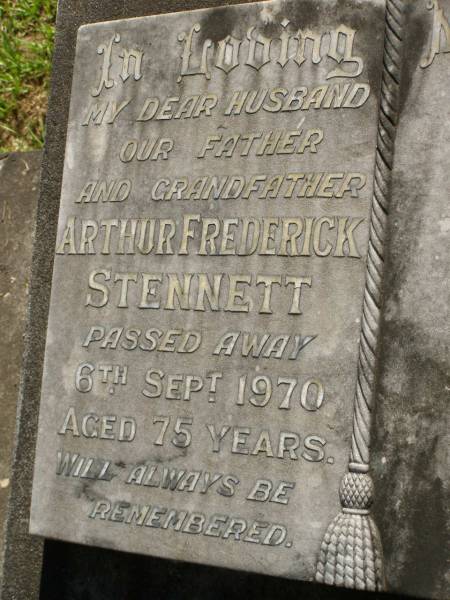 Arthur Frederick STENNETT,  | husband father grandfather,  | died 6 Sept 1970 aged 75 years;  | Lawnton cemetery, Pine Rivers Shire  | 