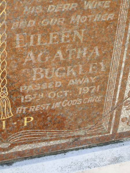 Eileen Agatha BUCKLEY,  | wife mother,  | died 15 Oct 1971;  | Lawnton cemetery, Pine Rivers Shire  | 