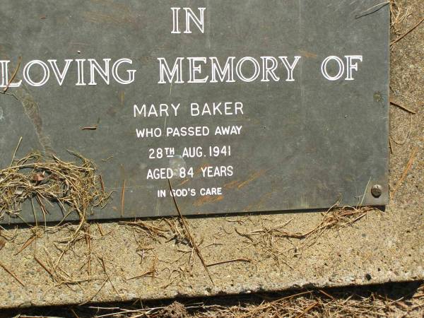Mary BAKER,  | died 28 Aug 1941 aged 84 years;  | Lawnton cemetery, Pine Rivers Shire  | 