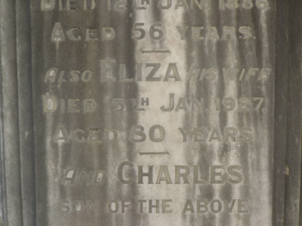 George BUCKBY,  | died 21 Jan 1886 aged 56 years;  | Eliza,  | wife,  | died 15 Jan 1927 aged 80 years;  | Charles,  | son,  | died 11 Sept 1907 aged 35 years;  | Lawnton cemetery, Pine Rivers Shire  | 