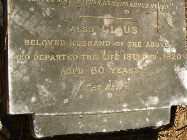 Catherine STEENBOCK,  | wife of Claus STEENBOCK,  | died 5 April 1894 aged 62 years;  | 4 infant sons;  | Claus,  | husband,  | died 18 April 1920 aged 80 years;  | Lawnton cemetery, Pine Rivers Shire  | 