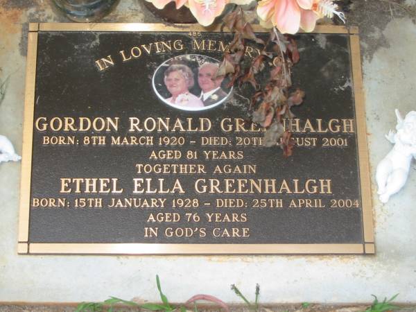 Gordon Ronald GREENHALGH,  | born 8 March 1920,  | died 20 Aug 2001 aged 81 years;  | Ethel Ella GREENHALGH,  | born 15 Jan 1928,  | died 25 April 2004 aged 76 years;  | Lawnton cemetery, Pine Rivers Shire  | 