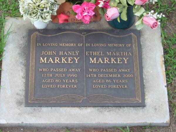 John Hanly MARKEY,  | died 12 July 1990 aged 80 years;  | Ethel Martha MARKEY,  | died 14 Dec 2000 aged 86 years;  | Lawnton cemetery, Pine Rivers Shire  | 