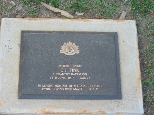 Cyril J. FINK,  | died 12 June 1987 aged 77 years,  | husband of Mavis;  | Lawnton cemetery, Pine Rivers Shire  | 