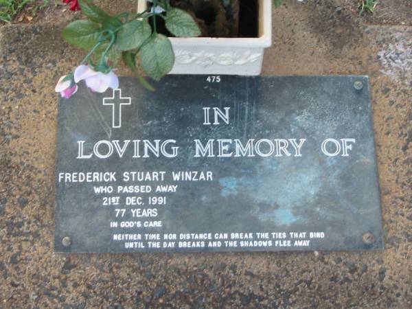 Frederick Stuart WINZAR,  | died 21 Dec 1991 aged 77 years;  | Lawnton cemetery, Pine Rivers Shire  | 