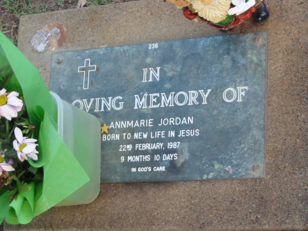 Annmarie JORDON,  | died 22 Feb 1987 aged 9 months 10 days;  | Lawnton cemetery, Pine Rivers Shire  | 