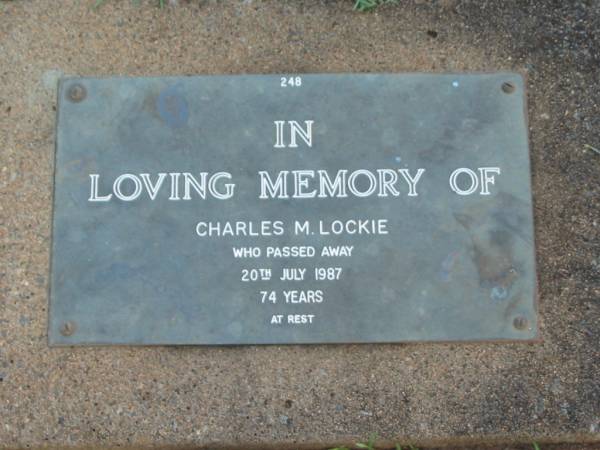 Charles M. LOCKIE,  | died 20 July 19087 aged 74 years;  | Lawnton cemetery, Pine Rivers Shire  | 