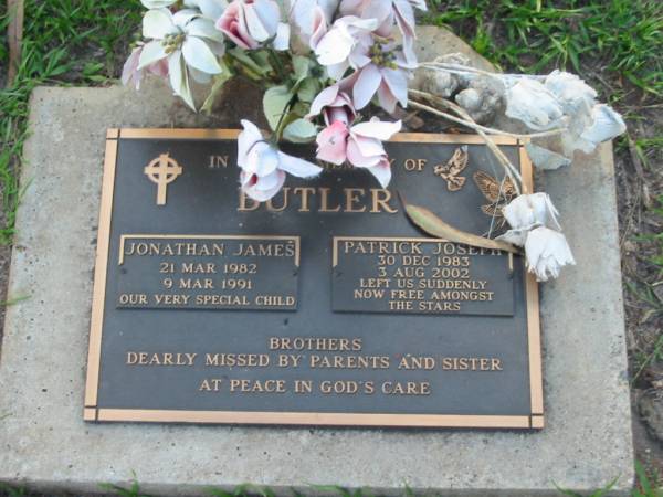 Jonathan James BUTLER,  | 21 Mar 1892 - 9 Mar 1991;  | Patrick Joseph BUTLER,  | 30 Dec 1983 - 3 Aug 2002;  | brothers, missed by parents & sister;  | Lawnton cemetery, Pine Rivers Shire  | 