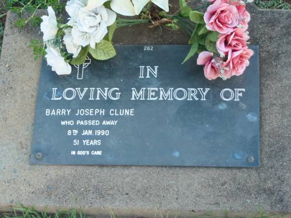 Barry Joseph CLUNE,  | died 8 Jan 1990 aged 51 years;  | Lawnton cemetery, Pine Rivers Shire  | 