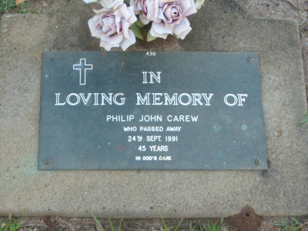 Philip John CAREW,  | died 24 Sept 1991 aged 45 years;  | Lawnton cemetery, Pine Rivers Shire  | 