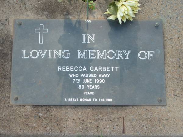Rebecca GARBETT,  | died 7 June 1990 aged 89 years;  | Lawnton cemetery, Pine Rivers Shire  | 