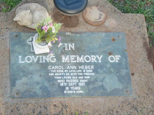 Carol Ann HEBER,  | died 18 Sept 1987 aged 18 years,  | remembered by mum & dad;  | Lawnton cemetery, Pine Rivers Shire  | 