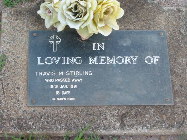 Travis M. STIRLING,  | died 18 Jan 1991 aged 18 days;  | Lawnton cemetery, Pine Rivers Shire  | 