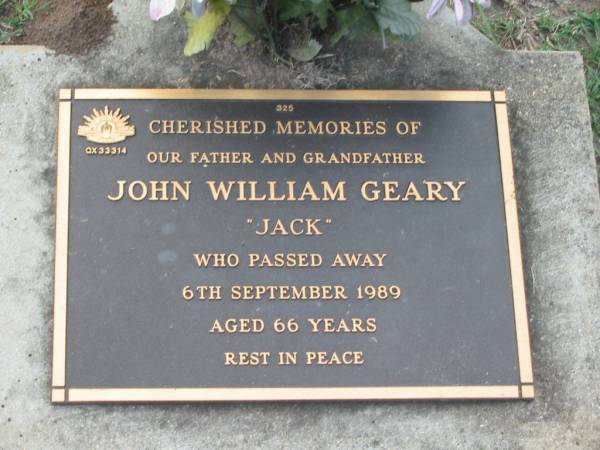 John William (Jack) GEARY,  | father grandfather,  | died 6 Sept 1989 aged 66 years;  | Lawnton cemetery, Pine Rivers Shire  | 