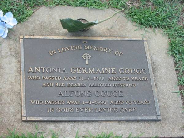 Antonia Germaie COUGE,  | died 31-7-1988 aged 72 years;  | Alfons COUGE,  | husband,  | died 1-8-1996 aged 76 years;  | Lawnton cemetery, Pine Rivers Shire  | 
