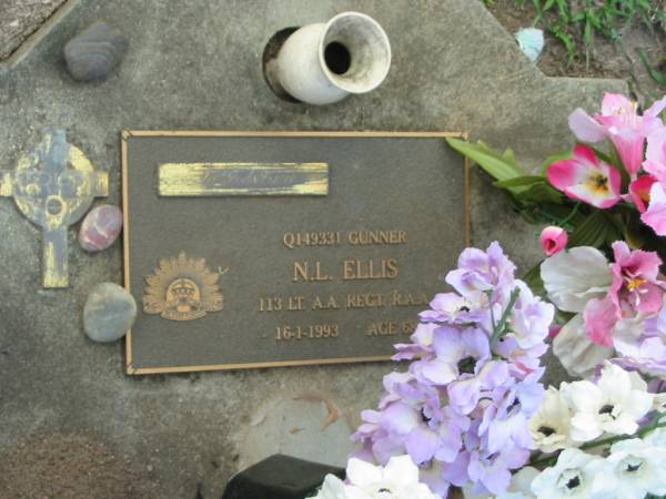 N.L. ELLIS,  | died 16-1-1993 aged 68 years;  | Lawnton cemetery, Pine Rivers Shire  | 