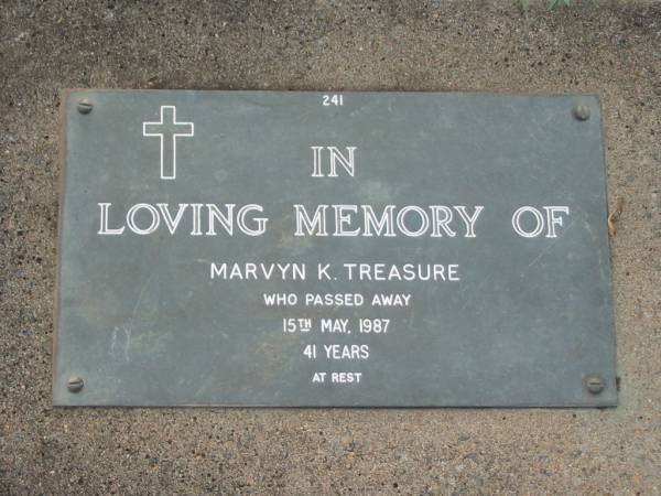 Marvyn K. TREASURE,  | died 15 May 1987 aged 41 years;  | Lawnton cemetery, Pine Rivers Shire  | 