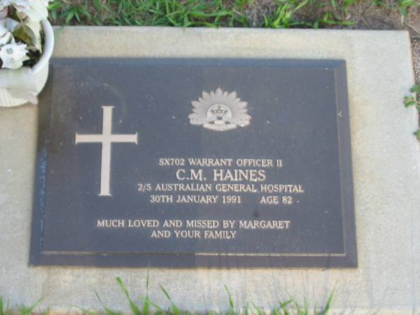 C.M. HAINES,  | died 30 Jan 1991 aged 82 years,  | wife Margaret;  | Lawnton cemetery, Pine Rivers Shire  | 