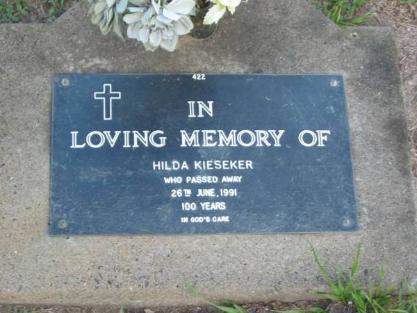 Hilda KIESEKER,  | died 26 June 1991 aged 100 years;  | Lawnton cemetery, Pine Rivers Shire  | 