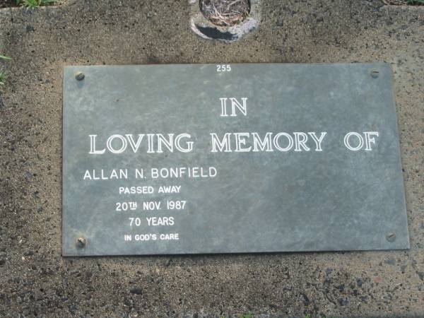 Allan N. BONFIELD,  | died 20 Nov 1987 aged 70 years;  | Lawnton cemetery, Pine Rivers Shire  | 