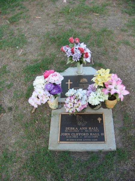 J.C. HALL,  | died 21 Feb 2006 aged 73 years,  | husband of Mavis,  | father of Debra, John & Belinda;  | Debra Ann HALL,  | 30-10-1962 - 30-10-1962;  | John Clifford Hall III,  | 4-3-1964 - 31-12-1989;  | Lawnton cemetery, Pine Rivers Shire  | 