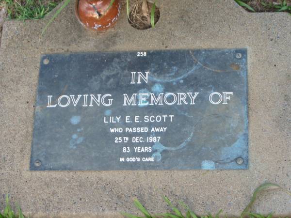 Lily E.E. SCOTT,  | died 25 Dec 1987 aged 83 years;  | Lawnton cemetery, Pine Rivers Shire  | 