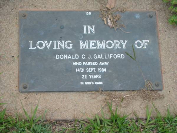 Donald C.J. GALLIFORD,  | died 14 Sept 1984 aged 22 years;  | Lawnton cemetery, Pine Rivers Shire  | 