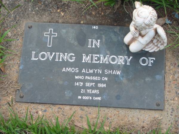 Amos Alwyn SHAW,  | died 14 Sept 1984 aged 21 years;  | Lawnton cemetery, Pine Rivers Shire  | 