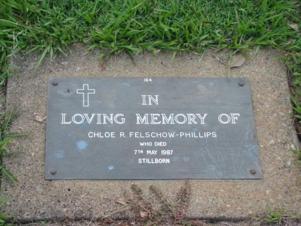 Chloe R. FELSCHOW-PHILLIPS,  | stillborn 7 May 1987;  | Florance R. FELSCHOW,  | died 27 June 1985 aged 72 years;  | Herman W. FELSCHOW,  | died 19 April 2003 aged 92 years;  | Lawnton cemetery, Pine Rivers Shire  | 