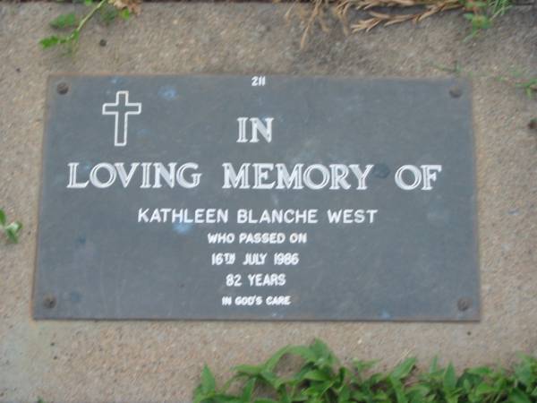 Kathleen Blanche WEST,  | died 16 July 1986 aged 82 years;  | Lawnton cemetery, Pine Rivers Shire  | 