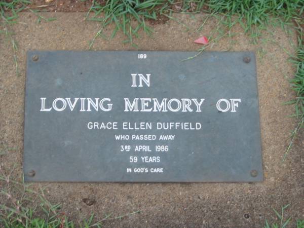 Grace Ellen DUFFIELD,  | died 3 April 1986 aged 59 years;  | Lawnton cemetery, Pine Rivers Shire  | 