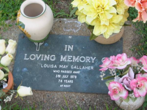 Louisa May GALLAHER,  | died 3 July 1978 aged 74 years;  | Lawnton cemetery, Pine Rivers Shire  | 