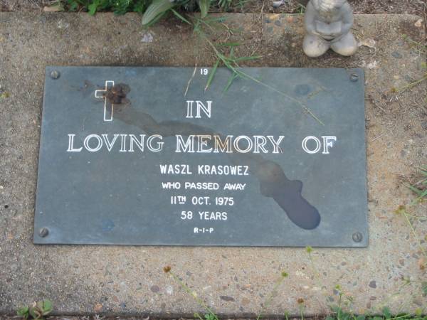 Waszl KRASOWEZ,  | died 11 Oct 1975 aged 59 years;  | Lawnton cemetery, Pine Rivers Shire  | 