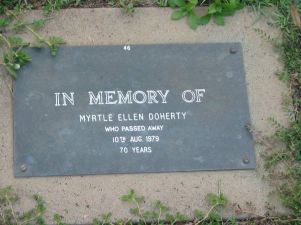 Myrtle Ellen DOHERTY,  | died 10 Aug 1979 aged 70 years;  | Lawnton cemetery, Pine Rivers Shire  | 