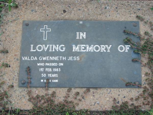 Valda Gwenneth JESS,  | died 1 Feb 1983 aged 50 years;  | Lawnton cemetery, Pine Rivers Shire  | 