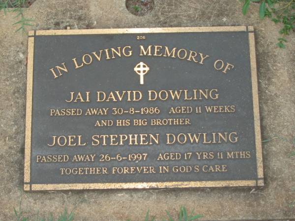 Jai David DOWLING,  | died 30-8-1986 aged 11 weeks;  | Joel Stephen DOWLING,  | died 26-6-1997 aged 17 years 11 months;  | Lawnton cemetery, Pine Rivers Shire  | 