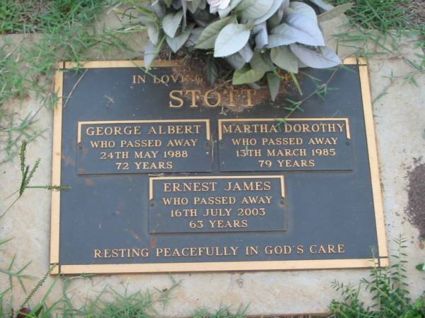 George Albert STOTT,  | died 24 May 1988 aged 72 years;  | Martha Dorothy STOTT,  | died 13 March 1985 aged 79 years;  | Ernest James STOTT,  | died 16 July 2003 aged 63 years;  | Lawnton cemetery, Pine Rivers Shire  | 