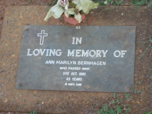 Ann Marilyn BERNHAGEN,  | died 31 Oct 1983 aged 45 years;  | Lawnton cemetery, Pine Rivers Shire  | 