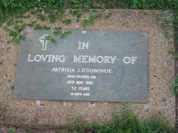 Patricia J. O'DONOHUE,  | died 16 Nov 1982 aged 52 years;  | Lawnton cemetery, Pine Rivers Shire  | 