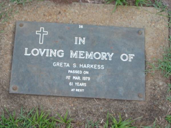 Greta S. HARKNESS,  | died 1 Mar 1979 aged 61 years;  | Lawnton cemetery, Pine Rivers Shire  | 