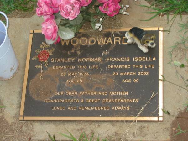 Stanley Norman WOODWARD,  | died 28 May 1974 aged 60 years,  | father grandparent great-grandparent;  | Francis Isabella WOODWARD,  | died 20 March 2002 aged 90 years,  | mother grandparent great-grandparent;  | Lawnton cemetery, Pine Rivers Shire  | 