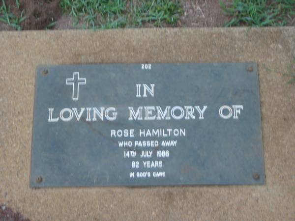 Rose HAMILTON,  | died 14 July 1986 aged 82 years;  | Roma IRVING,  | died 11-08-1999 aged 59 years;  | Lawnton cemetery, Pine Rivers Shire  | 