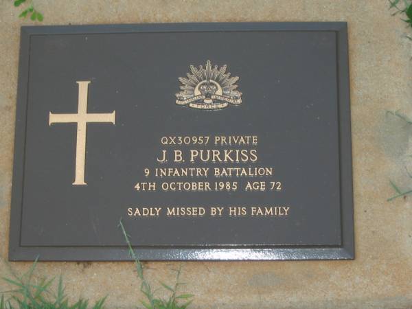 J.B. PURKISS,  | died 4 Oct 1985 aged 72 years;  | Lawnton cemetery, Pine Rivers Shire  | 